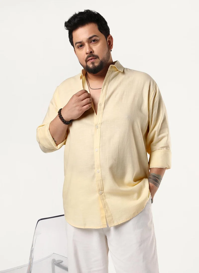 أوربانو فاشن Urbano Plus Men's Tender Yellow Linen Blend Full Sleeve Relaxed Fit Casual Solid Shirt